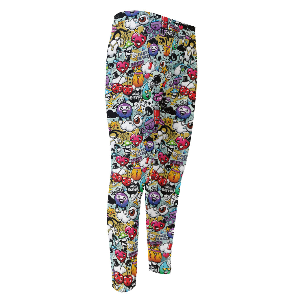 Graffiti Cartoon Characters Print Men's Compression Pants