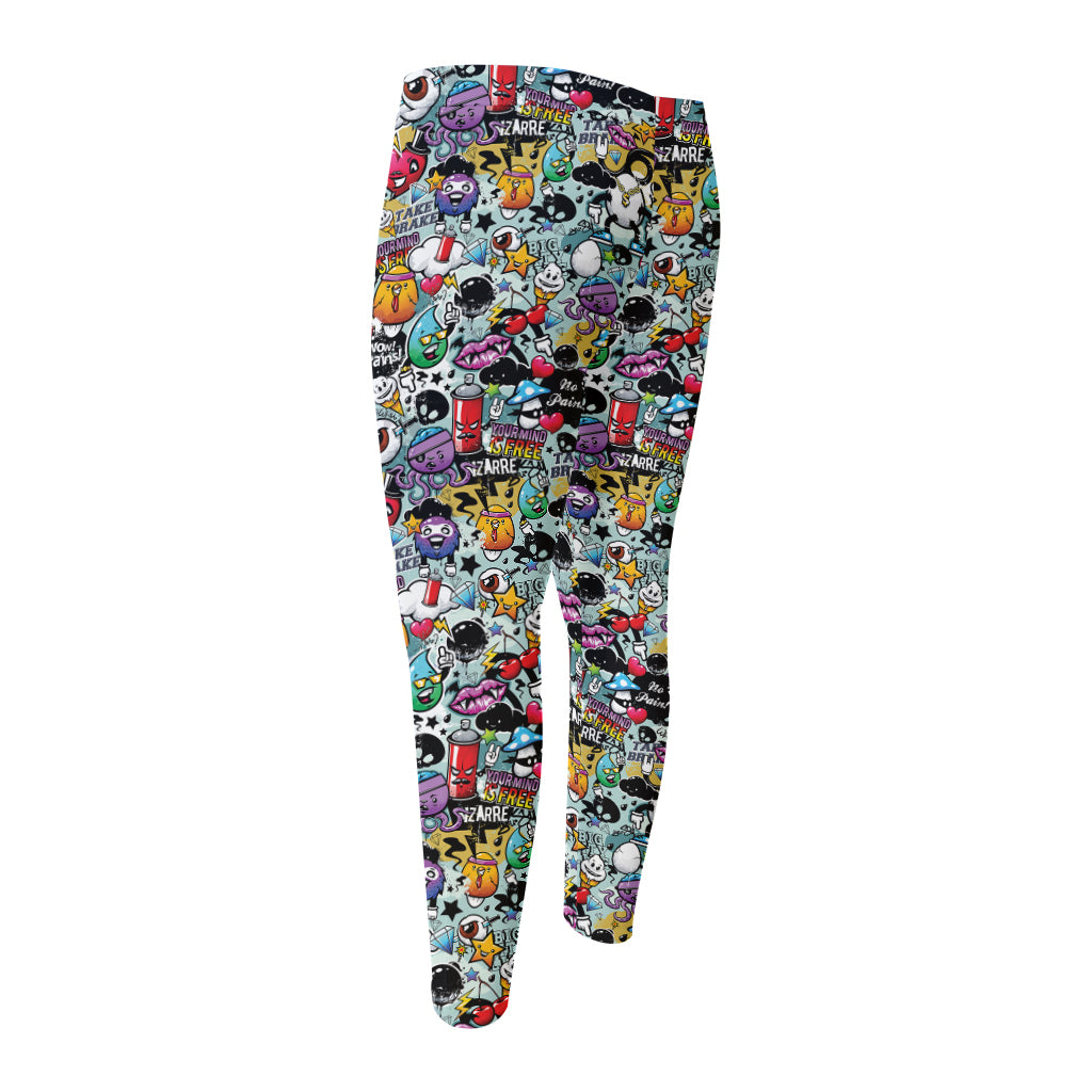 Graffiti Cartoon Characters Print Men's Compression Pants