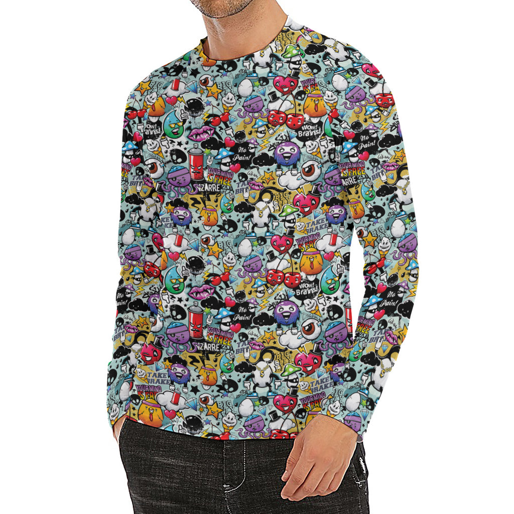 Graffiti Cartoon Characters Print Men's Long Sleeve Rash Guard