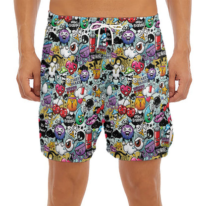 Graffiti Cartoon Characters Print Men's Split Running Shorts