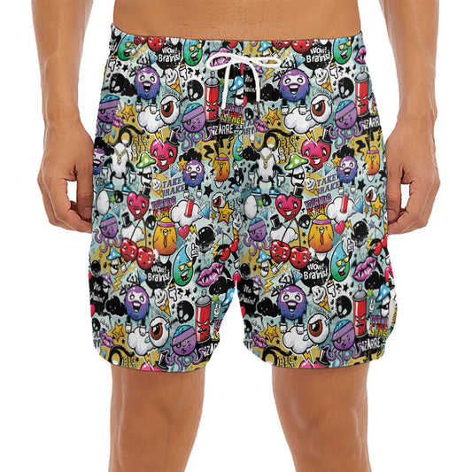 Graffiti Cartoon Characters Print Men's Split Running Shorts