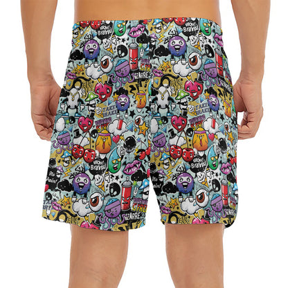 Graffiti Cartoon Characters Print Men's Split Running Shorts