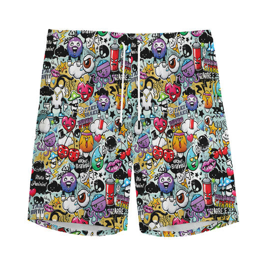 Graffiti Cartoon Characters Print Men's Sports Shorts