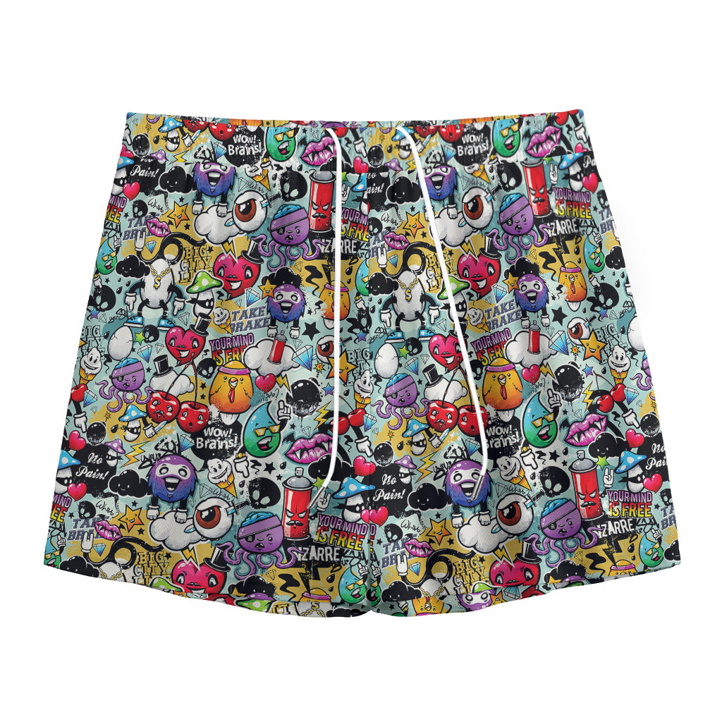 Graffiti Cartoon Characters Print Mesh Shorts