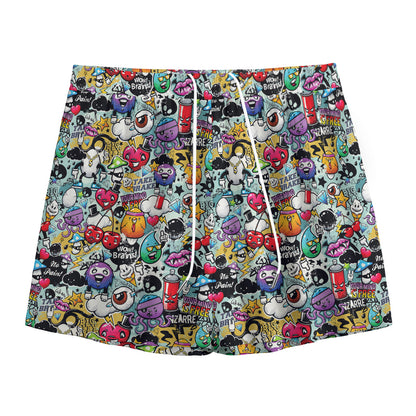 Graffiti Cartoon Characters Print Mesh Shorts