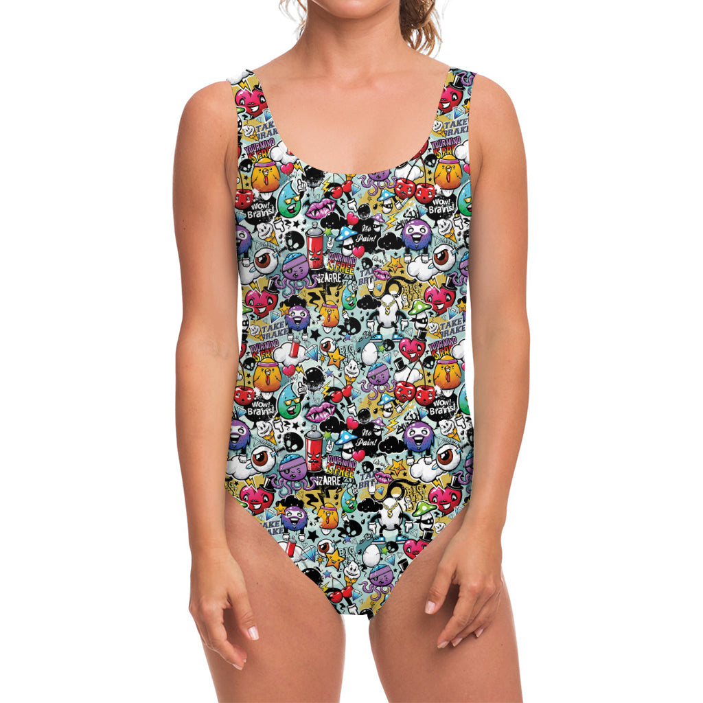 Graffiti Cartoon Characters Print One Piece Swimsuit