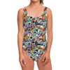 Graffiti Cartoon Characters Print One Piece Swimsuit