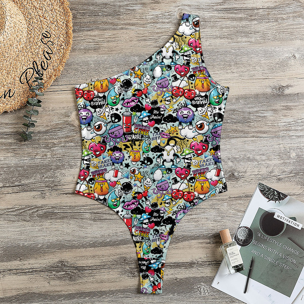 Graffiti Cartoon Characters Print One Shoulder Bodysuit