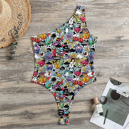 Graffiti Cartoon Characters Print One Shoulder Bodysuit