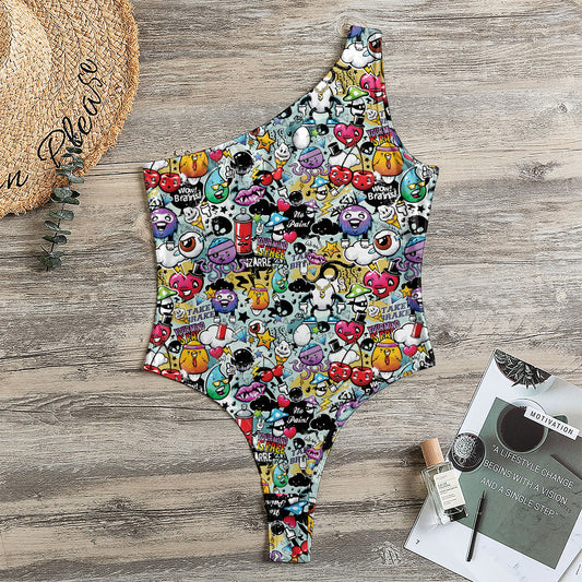 Graffiti Cartoon Characters Print One Shoulder Bodysuit