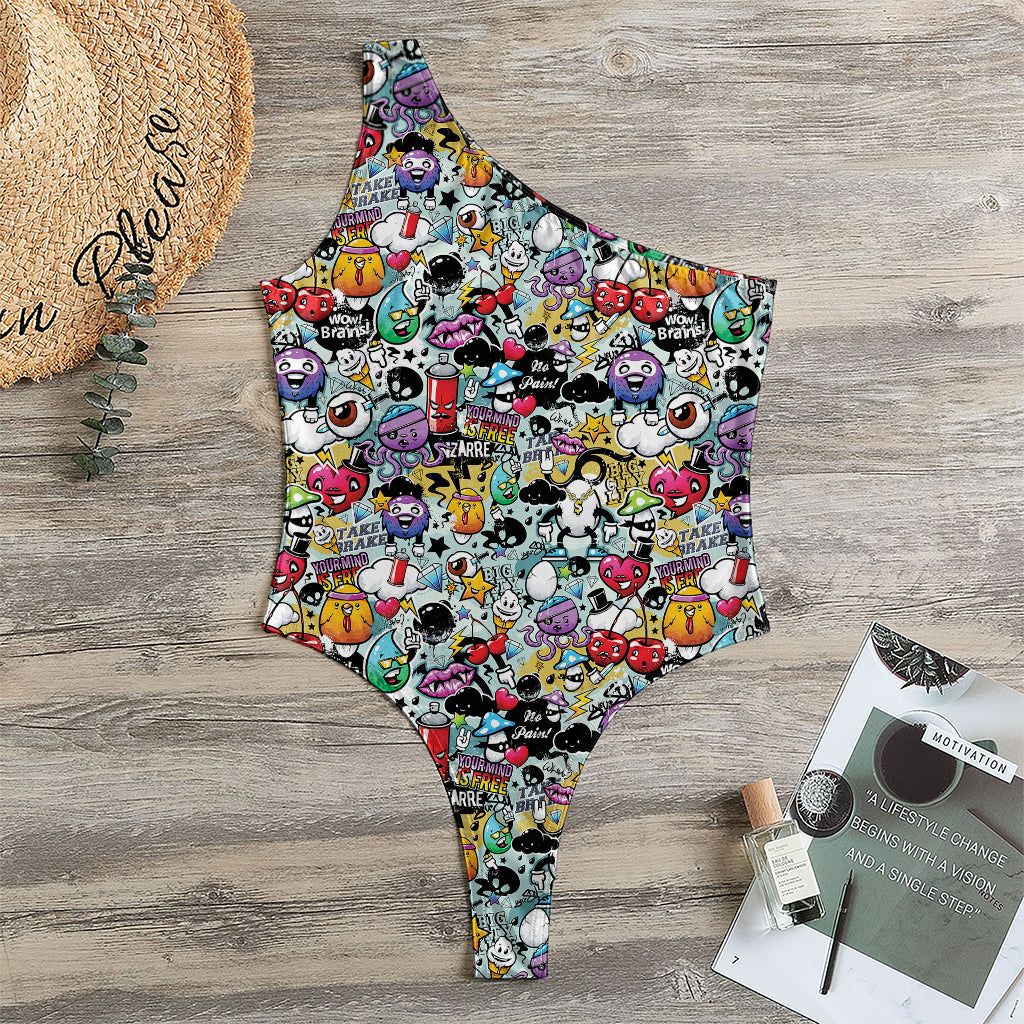 Graffiti Cartoon Characters Print One Shoulder Bodysuit