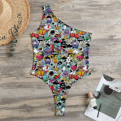 Graffiti Cartoon Characters Print One Shoulder Bodysuit
