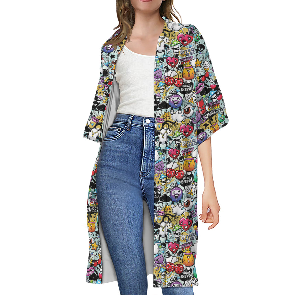 Graffiti Cartoon Characters Print Open Front Beach Cover Up