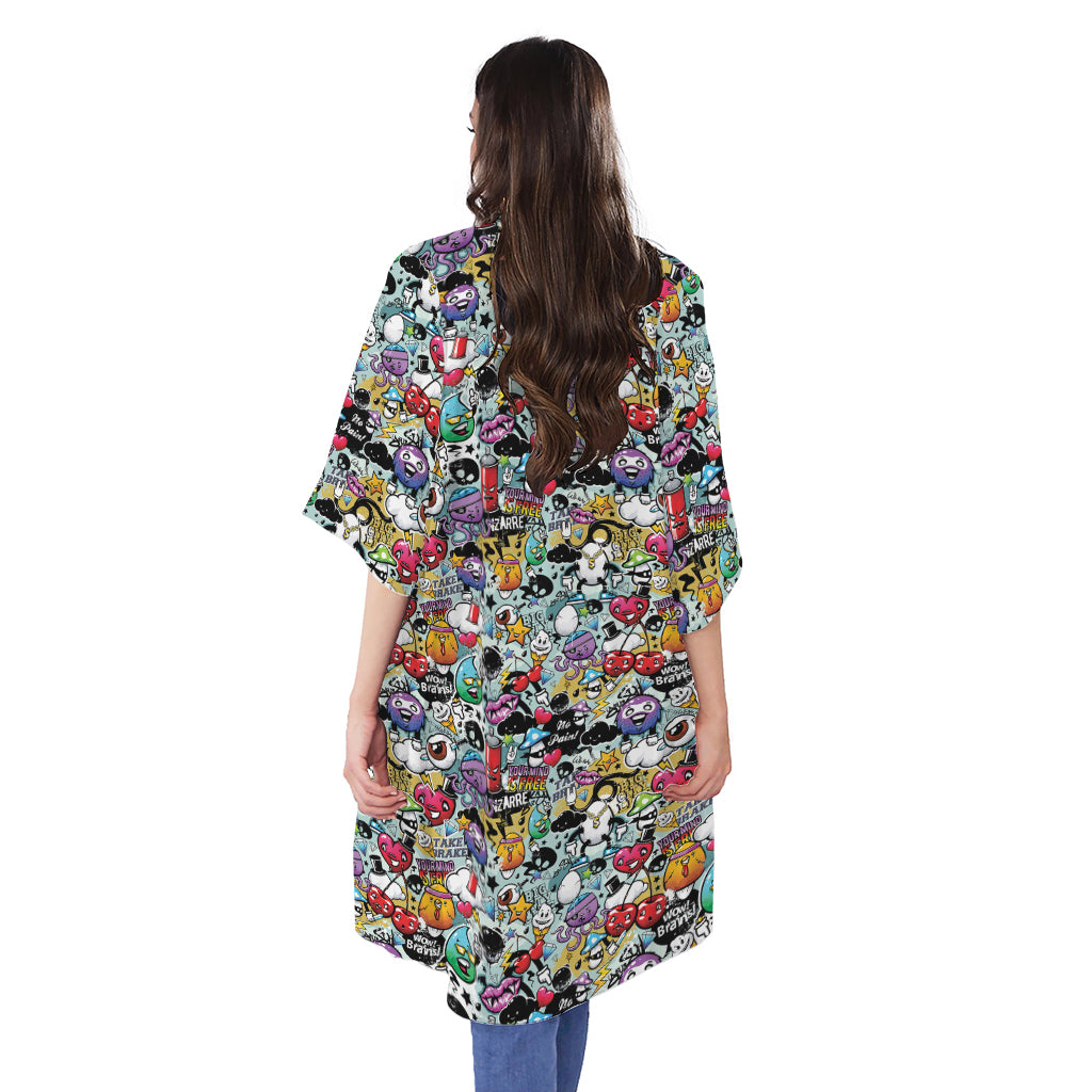 Graffiti Cartoon Characters Print Open Front Beach Cover Up