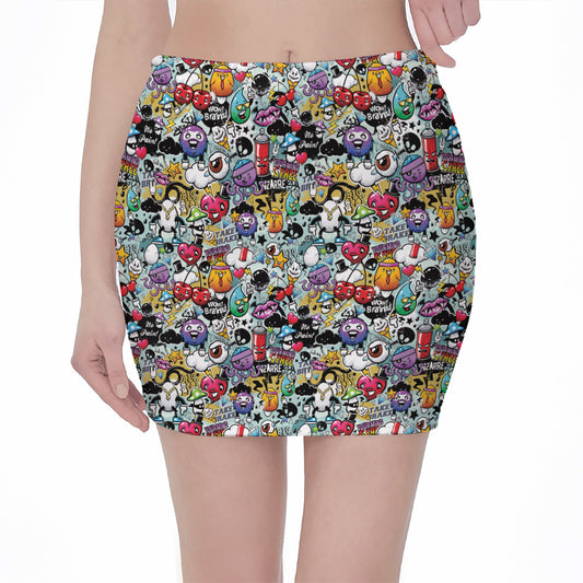 Graffiti Cartoon Characters Print Pencil Mini Skirt