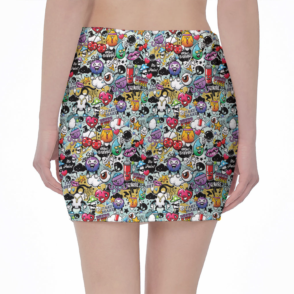 Graffiti Cartoon Characters Print Pencil Mini Skirt
