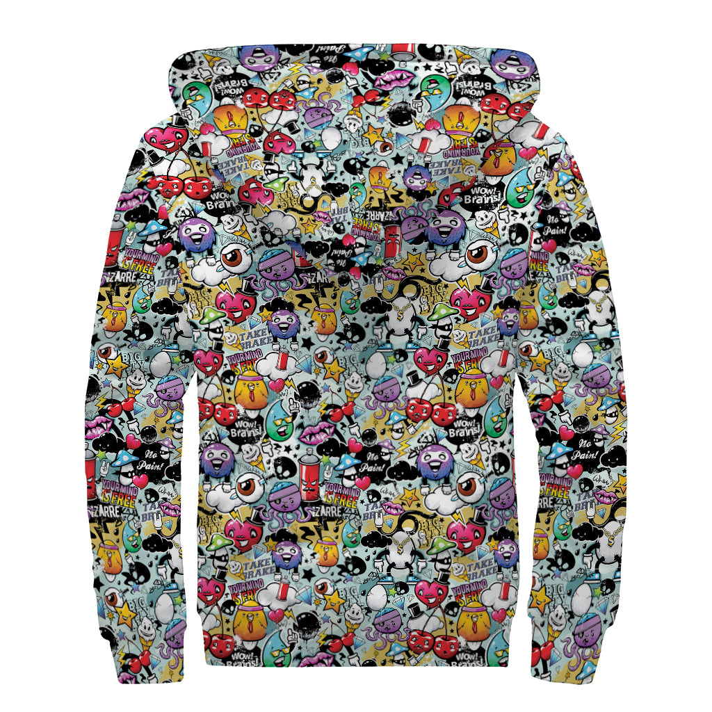 Graffiti Cartoon Characters Print Sherpa Lined Zip Up Hoodie