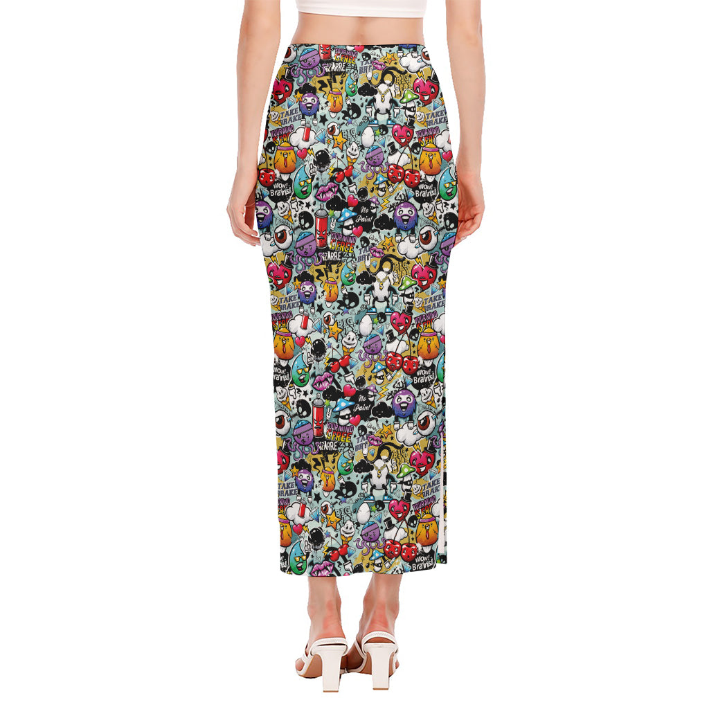 Graffiti Cartoon Characters Print Side Slit Maxi Skirt