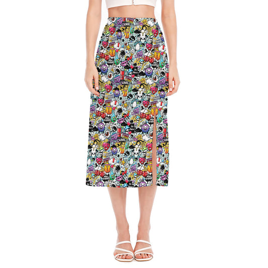 Graffiti Cartoon Characters Print Side Slit Midi Skirt