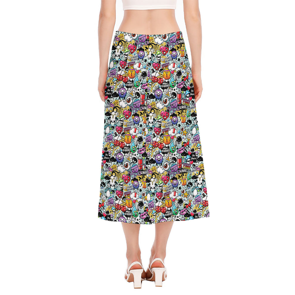 Graffiti Cartoon Characters Print Side Slit Midi Skirt