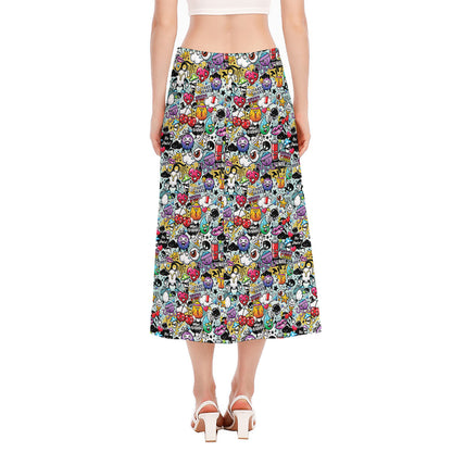 Graffiti Cartoon Characters Print Side Slit Midi Skirt