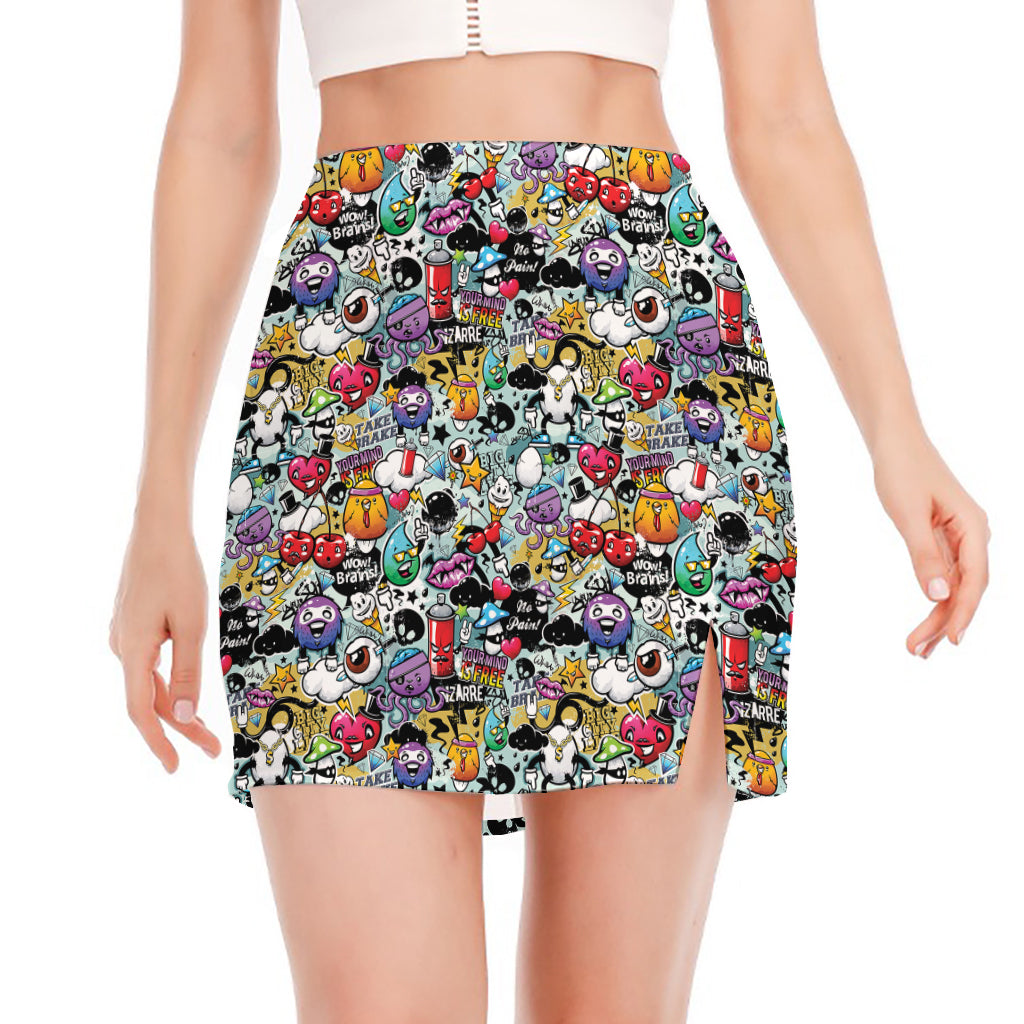 Graffiti Cartoon Characters Print Side Slit Mini Skirt