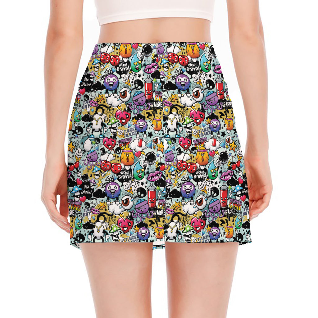 Graffiti Cartoon Characters Print Side Slit Mini Skirt