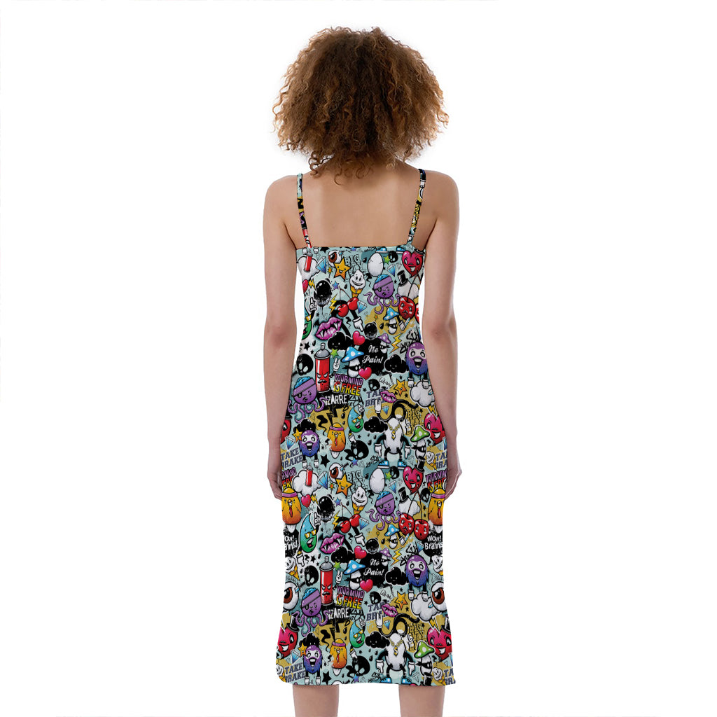 Graffiti Cartoon Characters Print Slim Fit Midi Cami Dress