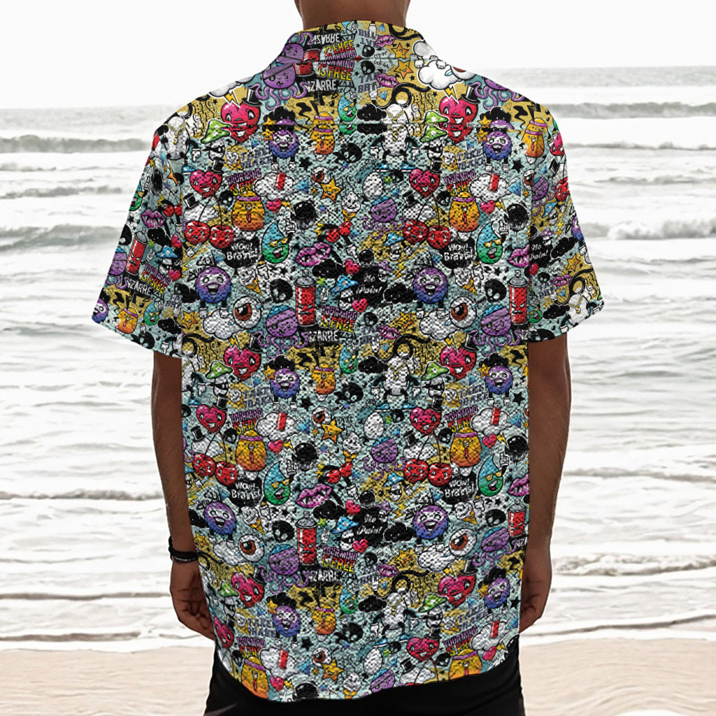 Graffiti Cartoon Characters Print Textured Short Sleeve Shirt