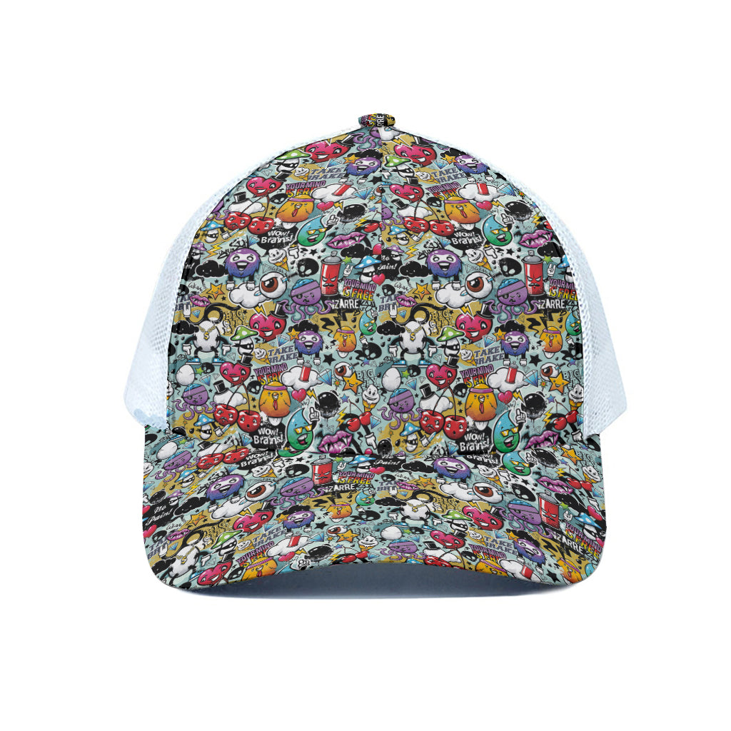 Graffiti Cartoon Characters Print White Mesh Trucker Cap