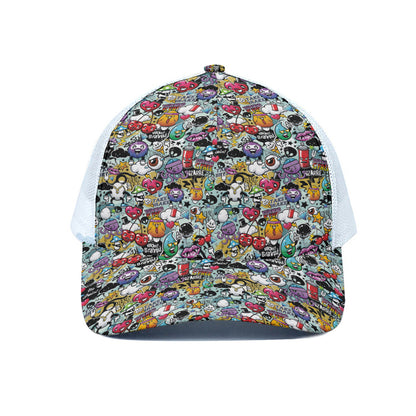 Graffiti Cartoon Characters Print White Mesh Trucker Cap