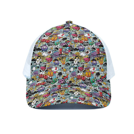 Graffiti Cartoon Characters Print White Mesh Trucker Cap