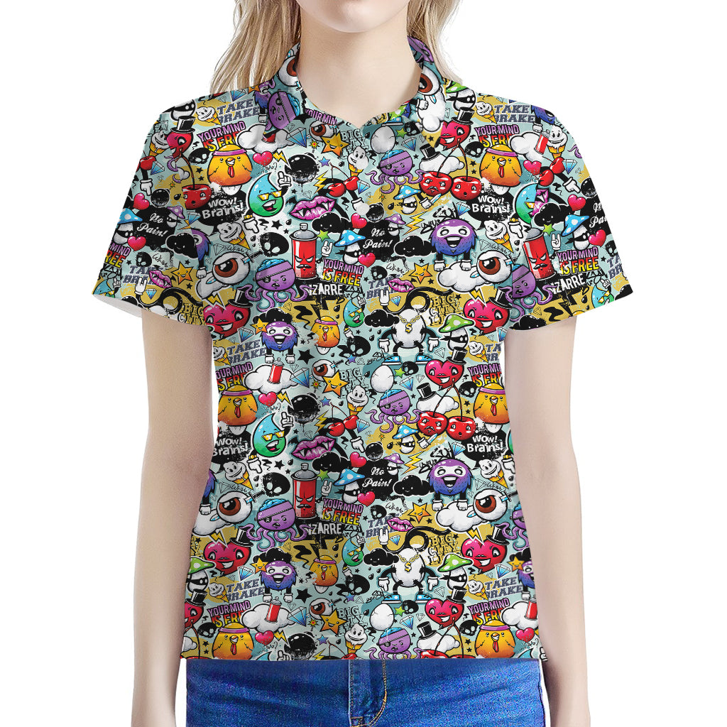 Graffiti Cartoon Characters Print Women's Polo Shirt