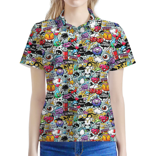 Graffiti Cartoon Characters Print Women's Polo Shirt
