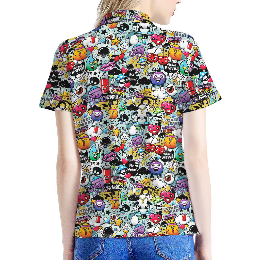 Graffiti Cartoon Characters Print Women's Polo Shirt