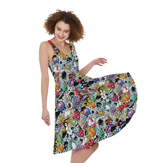Graffiti Cartoon Characters Print Women's Sleeveless Dress