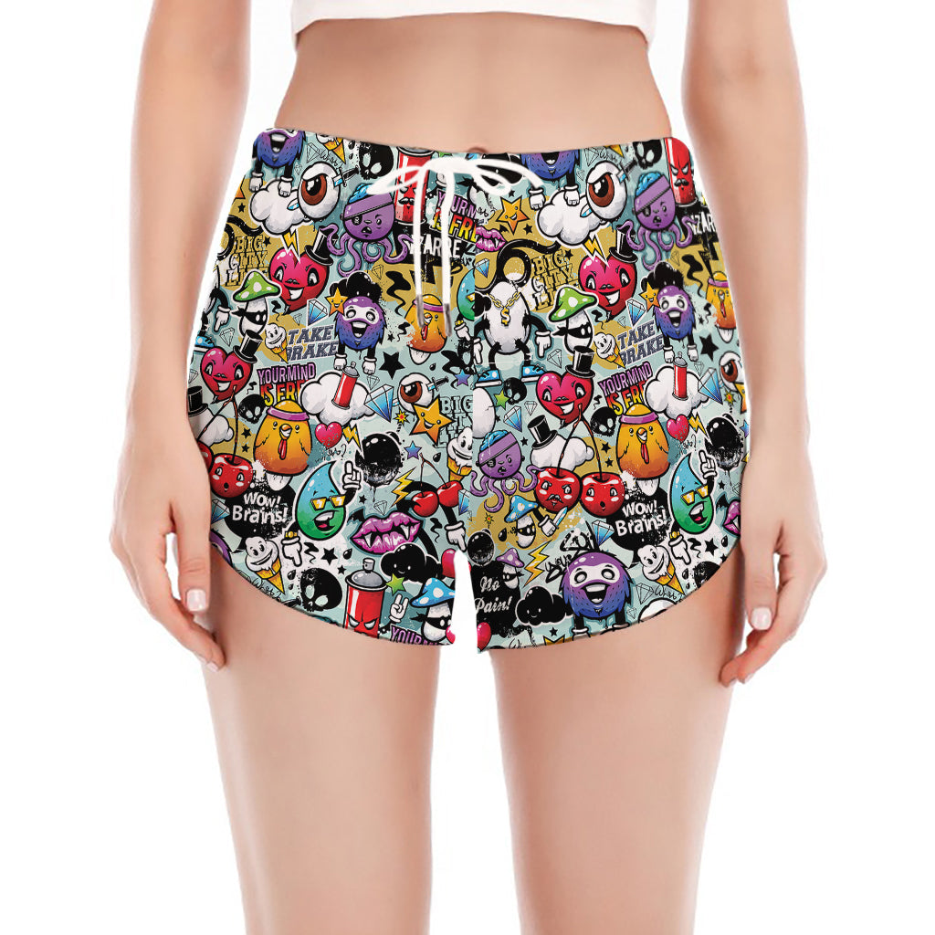 Graffiti Cartoon Characters Print Women's Split Running Shorts
