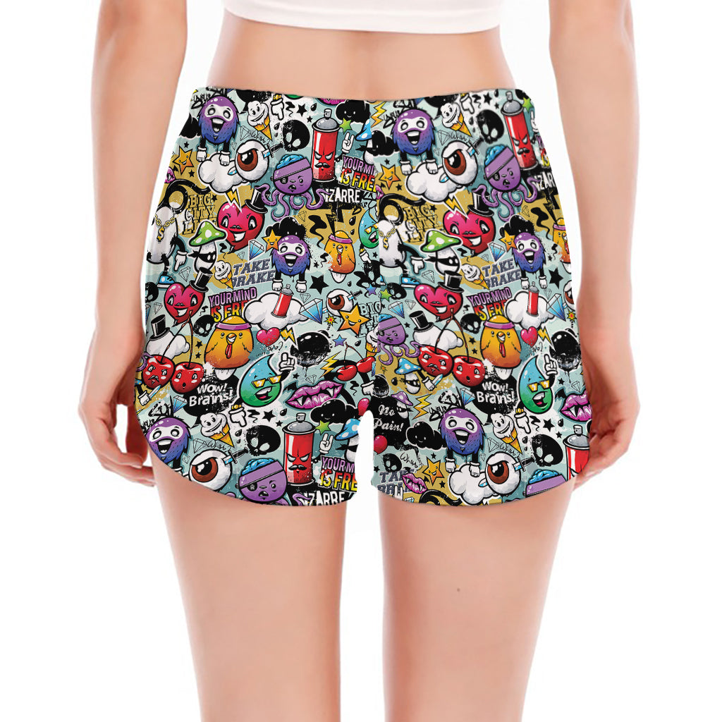 Graffiti Cartoon Characters Print Women's Split Running Shorts