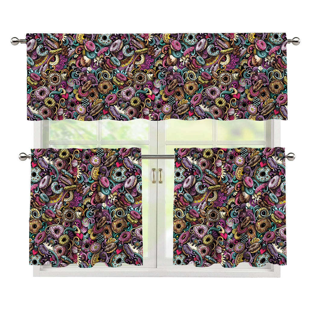 Graffiti Donut Pattern Print 3 Piece Kitchen Curtains