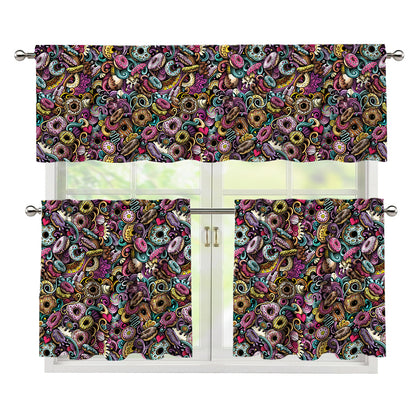 Graffiti Donut Pattern Print 3 Piece Kitchen Curtains