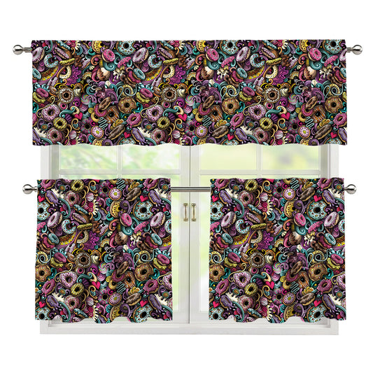 Graffiti Donut Pattern Print 3 Piece Kitchen Curtains