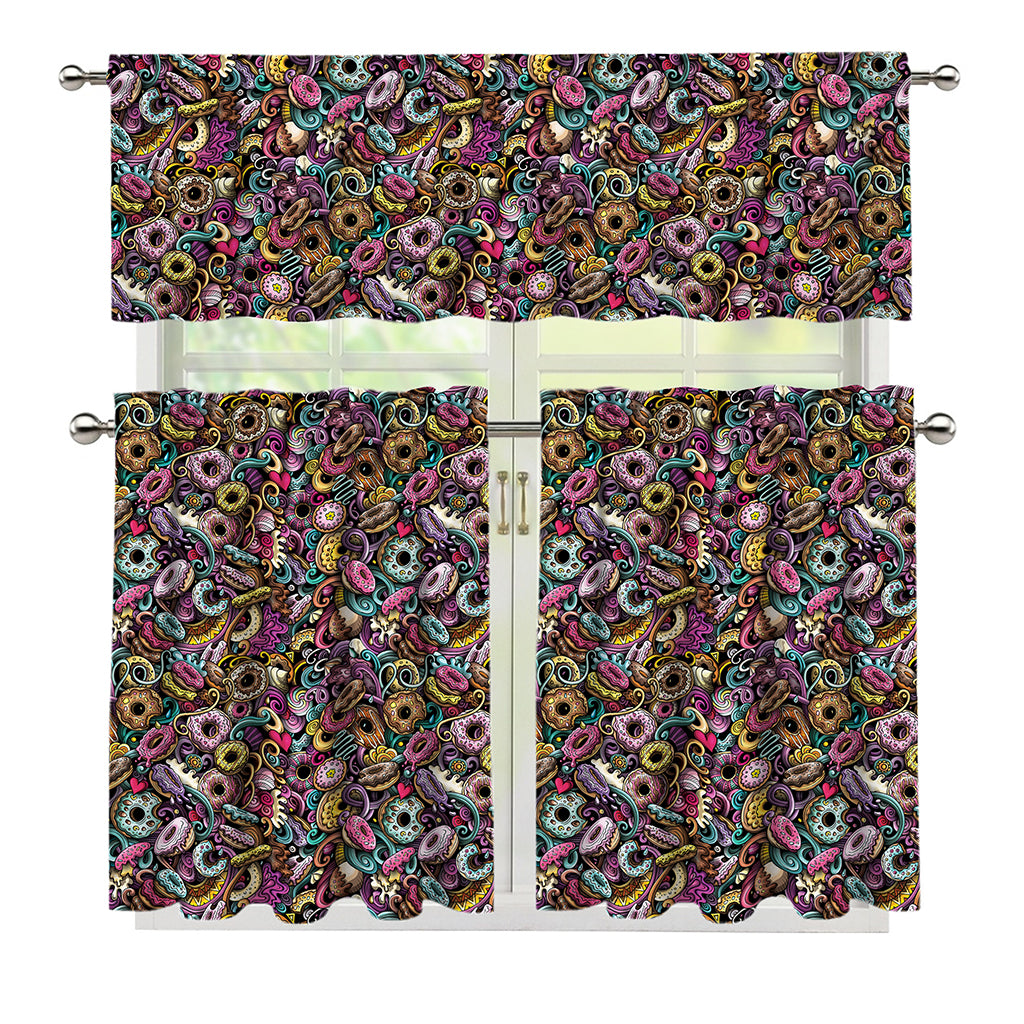 Graffiti Donut Pattern Print 3 Piece Kitchen Curtains