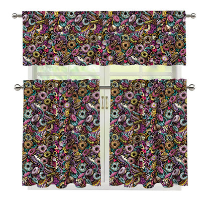 Graffiti Donut Pattern Print 3 Piece Kitchen Curtains