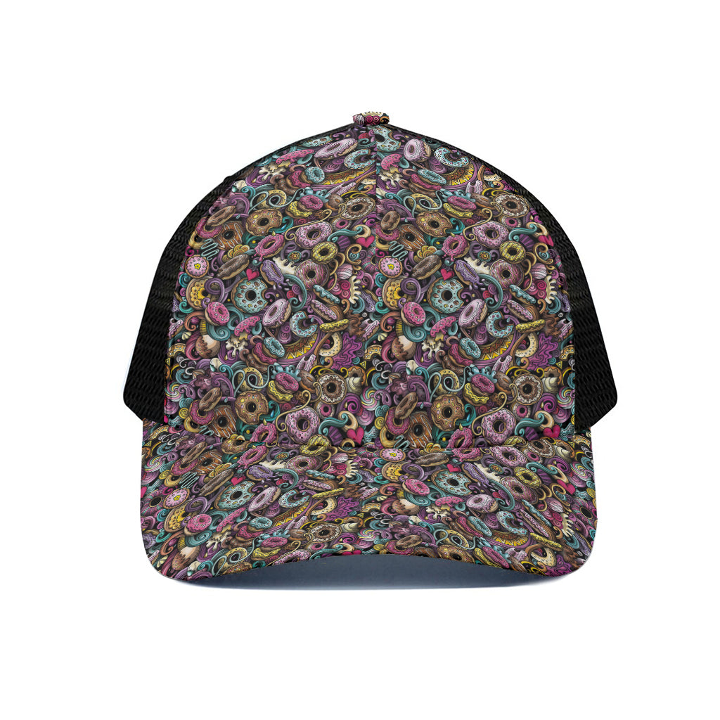 Graffiti Donut Pattern Print Black Mesh Trucker Cap