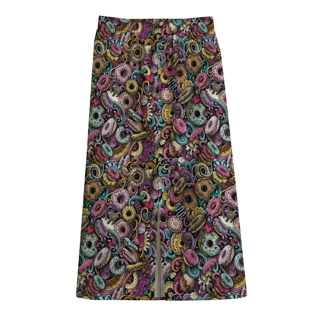 Graffiti Donut Pattern Print Cotton Front Slit Maxi Skirt