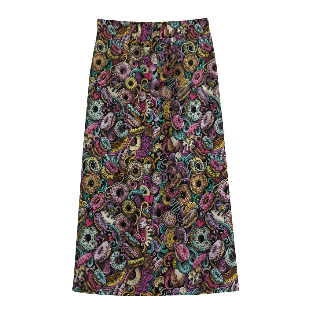 Graffiti Donut Pattern Print Cotton Front Slit Maxi Skirt