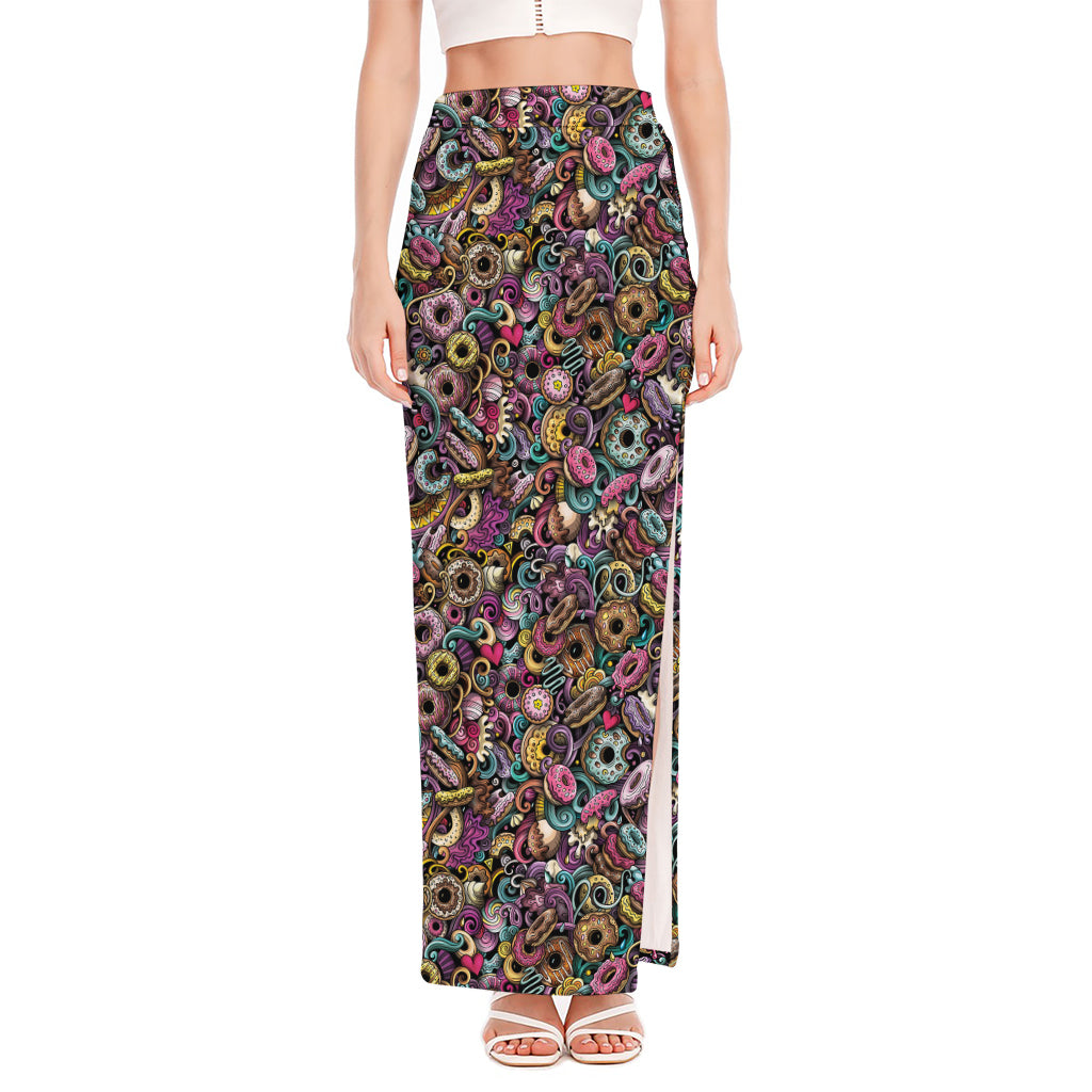 Graffiti Donut Pattern Print High Slit Maxi Skirt