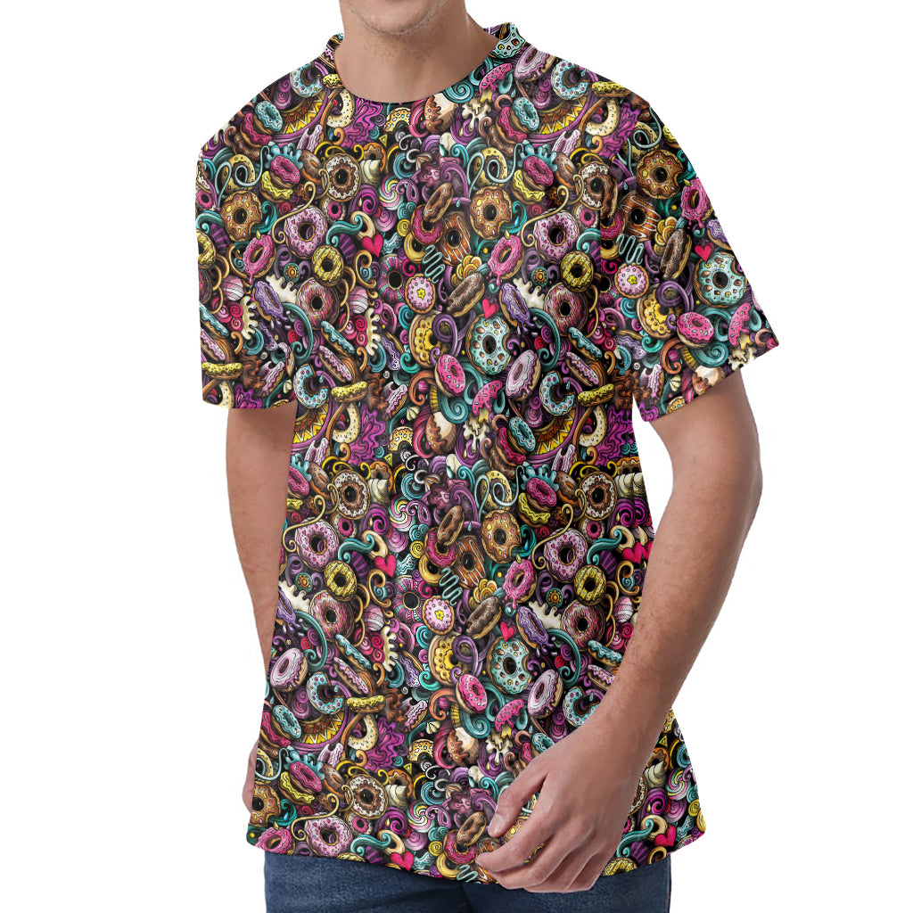 Graffiti Donut Pattern Print Men's Velvet T-Shirt