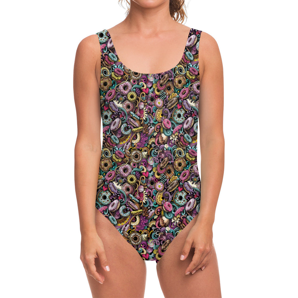 Graffiti Donut Pattern Print One Piece Swimsuit