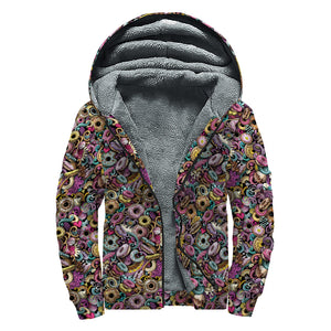 Graffiti Donut Pattern Print Sherpa Lined Zip Up Hoodie